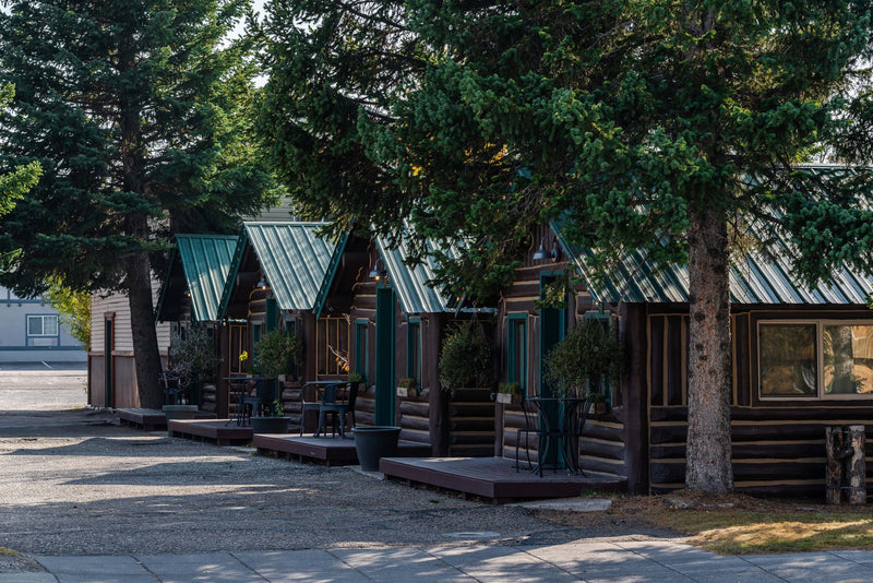 The row of Buckaroo Cabins at the Bucking Moose, with green metal roofs and private porches under tall pines.